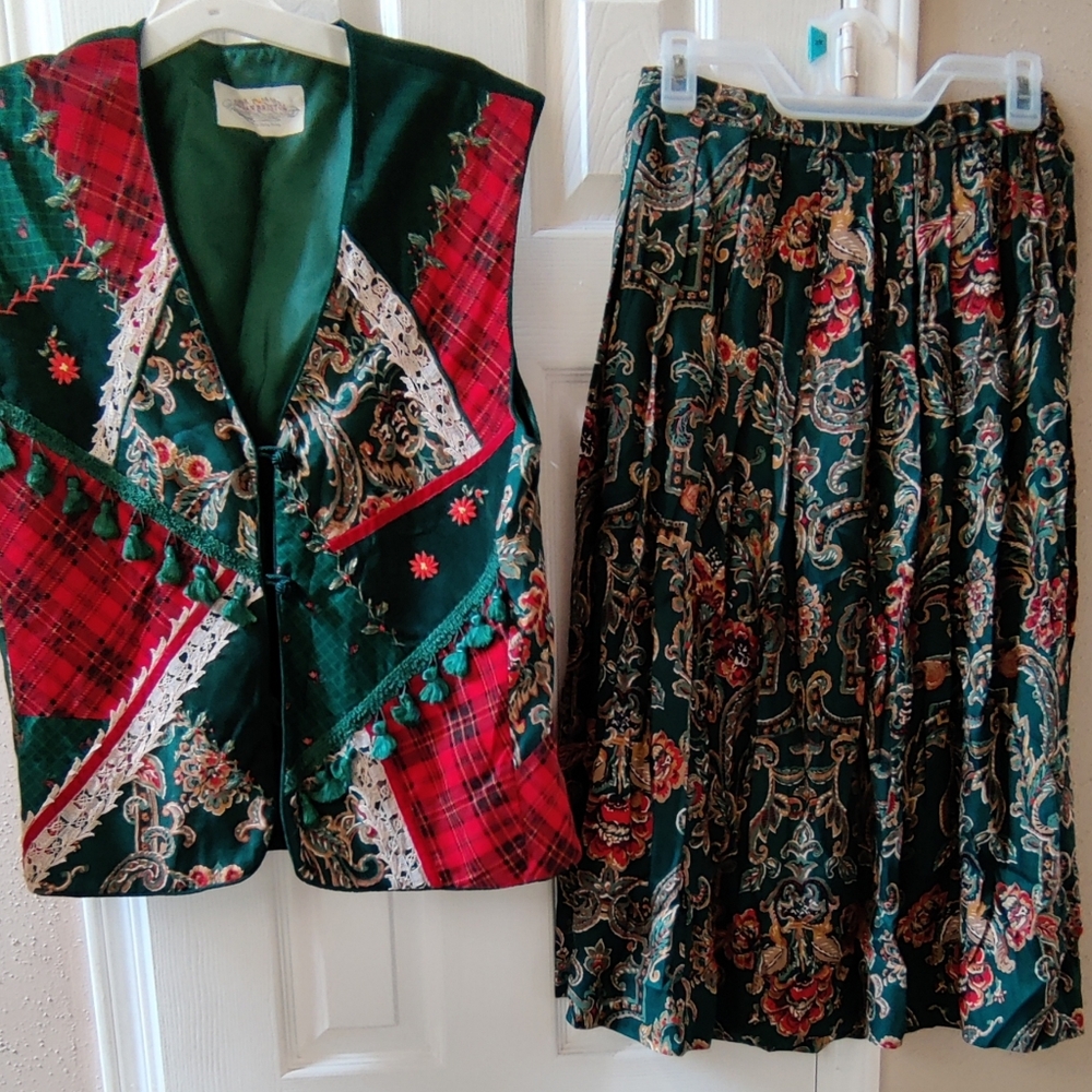 Vintage 90s Susan Bristol Cottagecore Patchwork Christmas Vest and Skirt🎄🎄